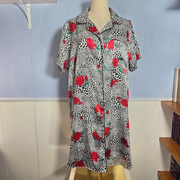 Sophia by Delicates Large Black Print Floral Animal Print Satin Button Nightgown - Picture 1 of 9